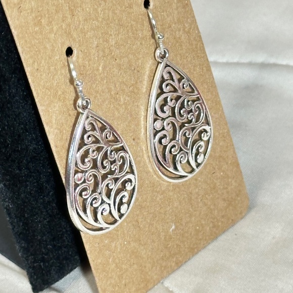 2/$20 Silver Tone Water Droplet Filigree Hook Earrings - Picture 6 of 9